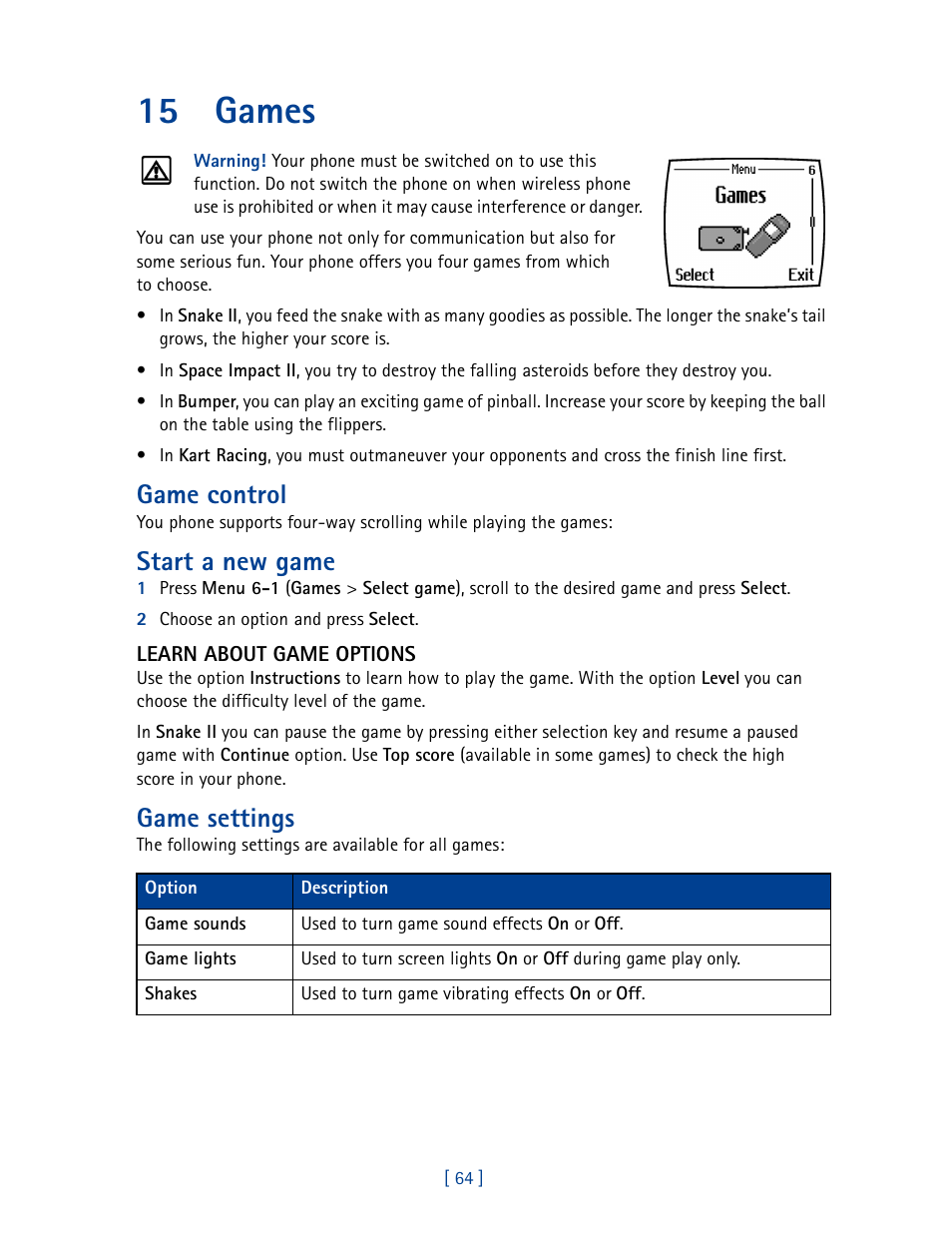 15 games, Games, Game control | Start a new game, Game settings | Nokia 3585 User Manual | Page 71 / 201