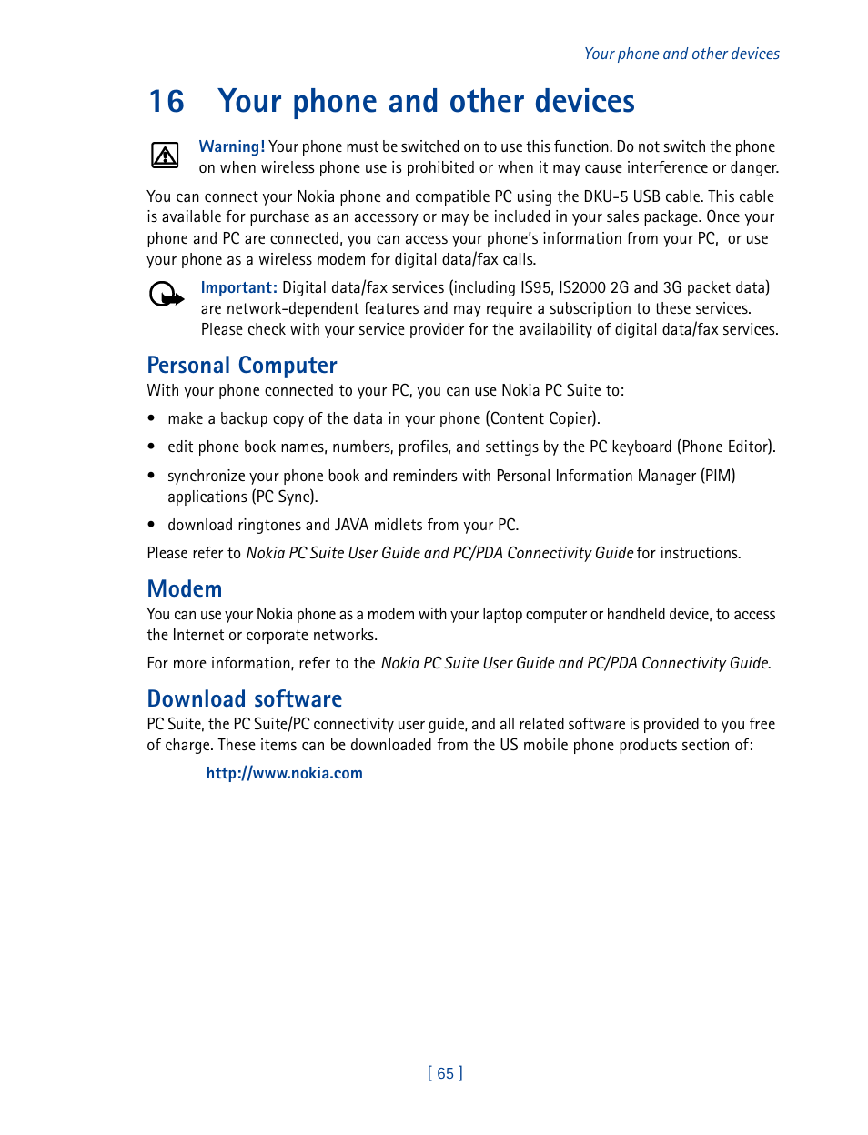 16 your phone and other devices, Your phone and other devices, Personal computer | Modem, Download software | Nokia 3585 User Manual | Page 72 / 201