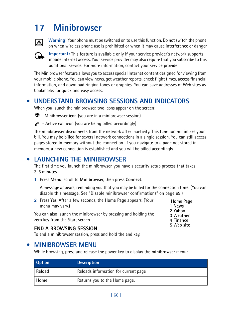 17 minibrowser, Understand browsing sessions and indicators, Launching the minibrowser | Minibrowser menu, Minibrowser | Nokia 3585 User Manual | Page 73 / 201