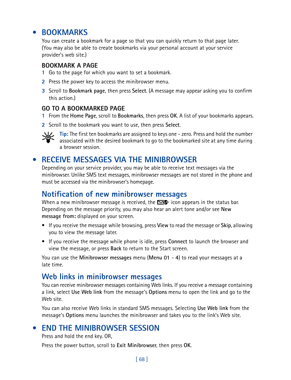 Bookmarks, Receive messages via the minibrowser, End the minibrowser session | Notification of new minibrowser messages, Web links in minibrowser messages | Nokia 3585 User Manual | Page 75 / 201