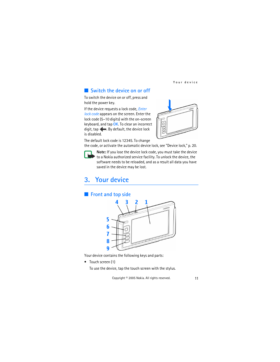 Switch the device on or off, Your device, Front and top side | Nokia 770 User Manual | Page 11 / 48
