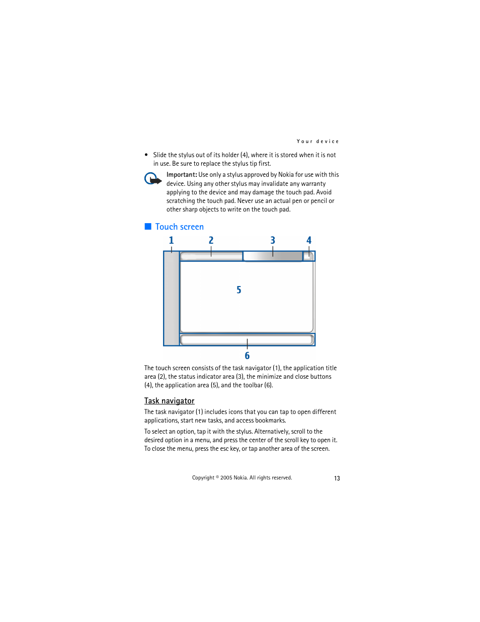 Touch screen, Task navigator | Nokia 770 User Manual | Page 13 / 48