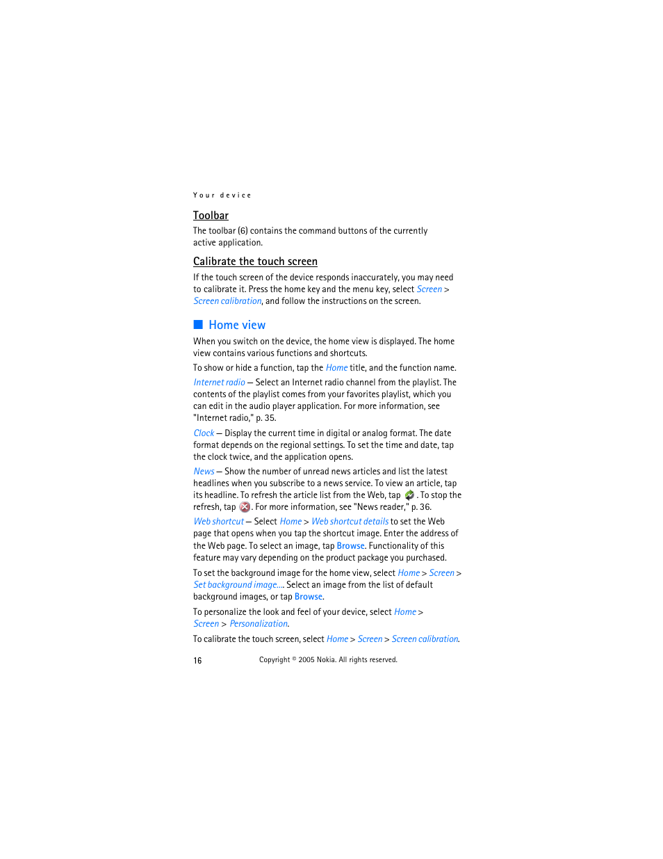 Toolbar, Calibrate the touch screen, Home view | Toolbar calibrate the touch screen | Nokia 770 User Manual | Page 16 / 48