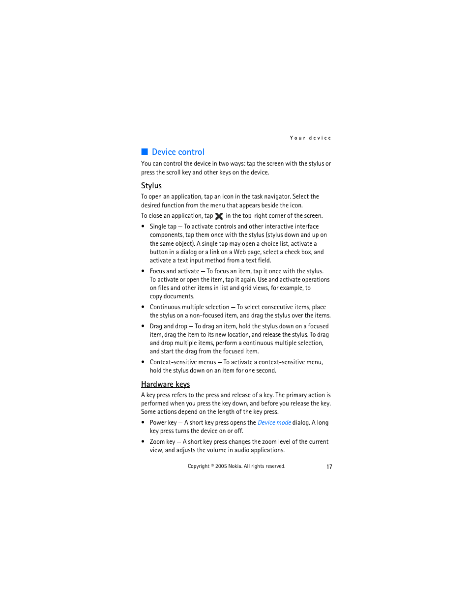 Device control, Stylus, Hardware keys | Stylus hardware keys | Nokia 770 User Manual | Page 17 / 48