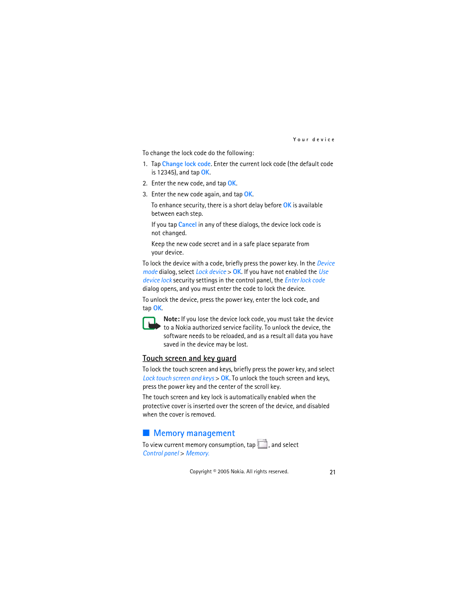 Touch screen and key guard, Memory management | Nokia 770 User Manual | Page 21 / 48