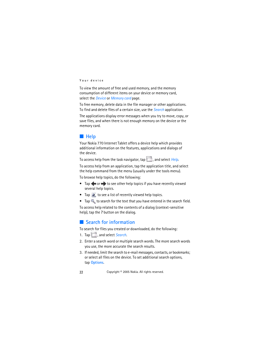 Help, Search for information, Help search for information | Nokia 770 User Manual | Page 22 / 48