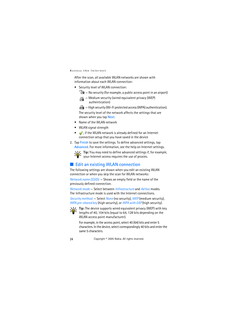 Edit an existing wlan connection, Edit an existing, Wlan connection | Nokia 770 User Manual | Page 24 / 48
