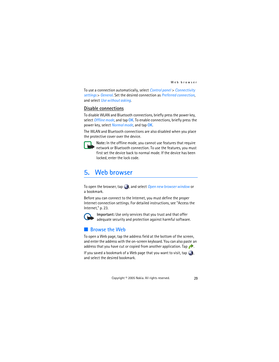 Disable connections, Web browser, Browse the web | Nokia 770 User Manual | Page 29 / 48
