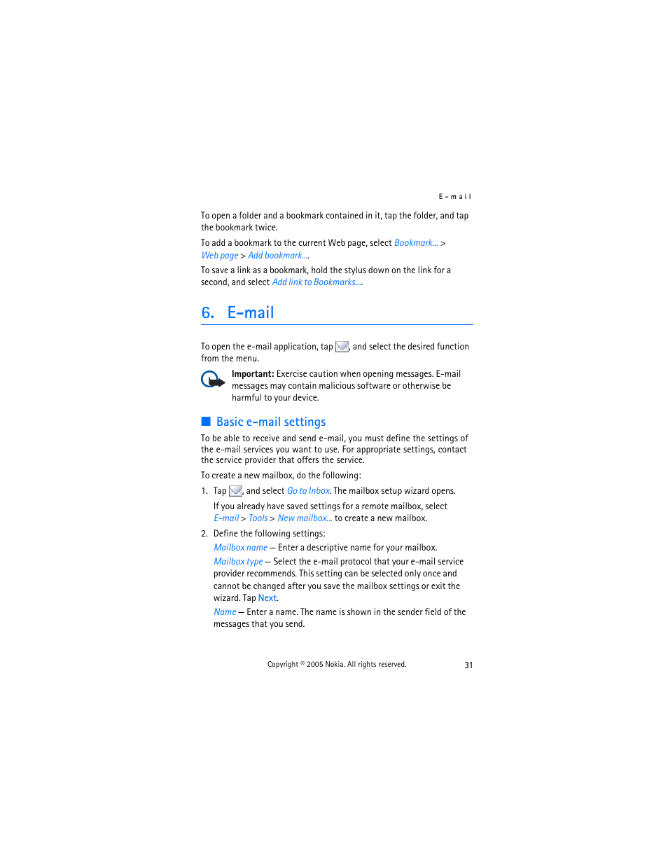 E-mail, Basic e-mail settings | Nokia 770 User Manual | Page 31 / 48