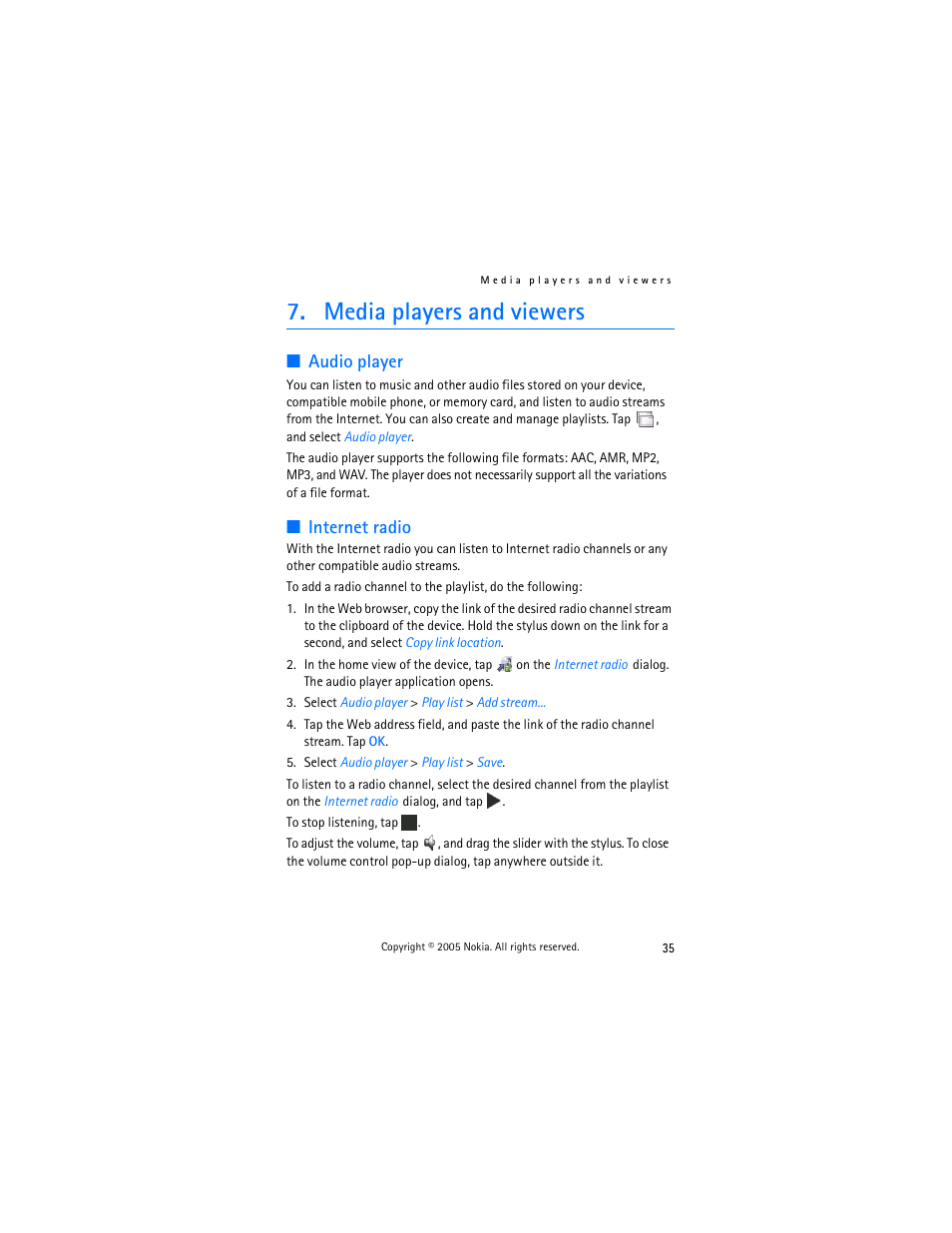 Media players and viewers, Audio player, Internet radio | Media players, And viewers, Audio player internet radio | Nokia 770 User Manual | Page 35 / 48