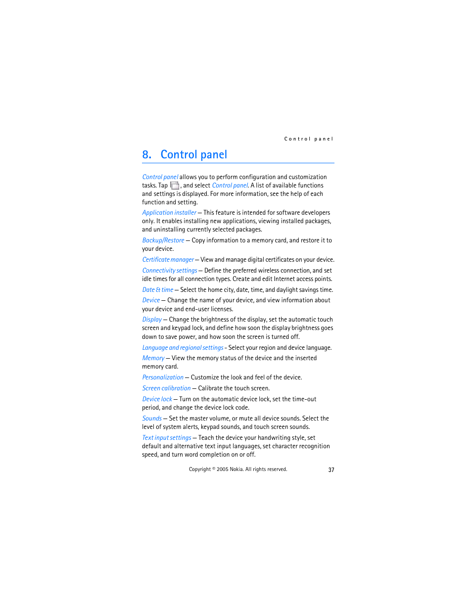 Control panel | Nokia 770 User Manual | Page 37 / 48