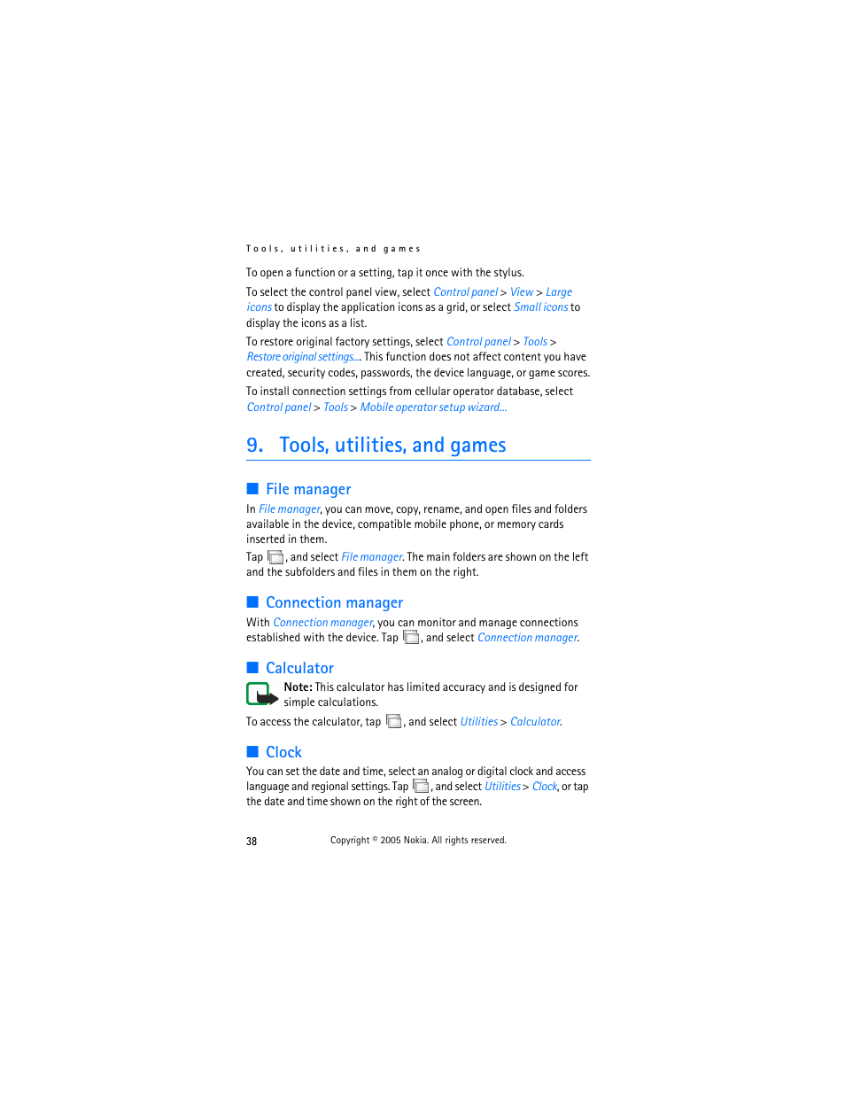 Tools, utilities, and games, File manager, Connection manager | Calculator, Clock, Tools, utilities, And games, File manager connection manager calculator clock | Nokia 770 User Manual | Page 38 / 48