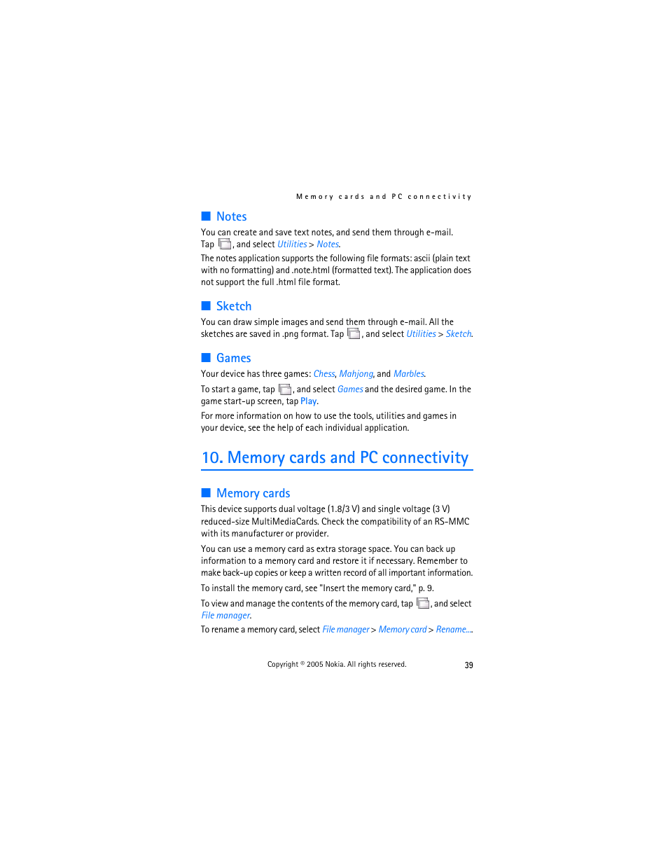 Notes, Sketch, Games | Memory cards and pc connectivity, Memory cards, Notes sketch games, Memory cards and, Pc connectivity | Nokia 770 User Manual | Page 39 / 48