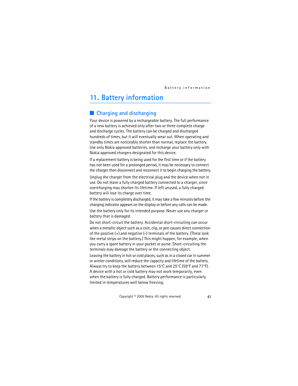 Battery information, Charging and discharging | Nokia 770 User Manual | Page 41 / 48