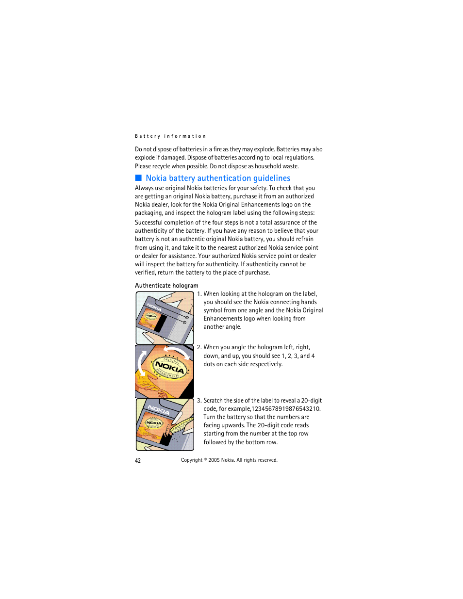 Nokia battery authentication guidelines, Nokia battery authentication, Guidelines | Nokia 770 User Manual | Page 42 / 48