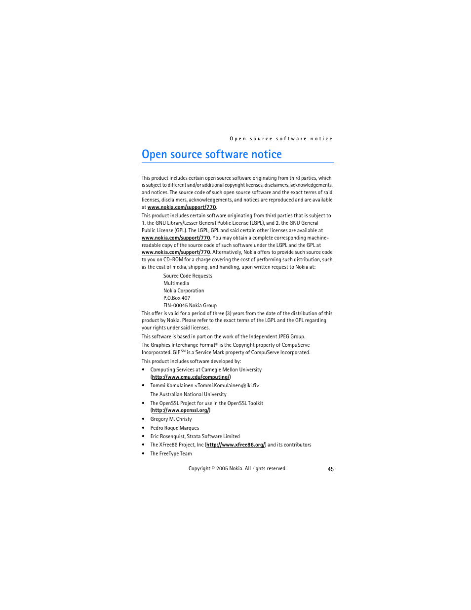 Open source software notice | Nokia 770 User Manual | Page 45 / 48