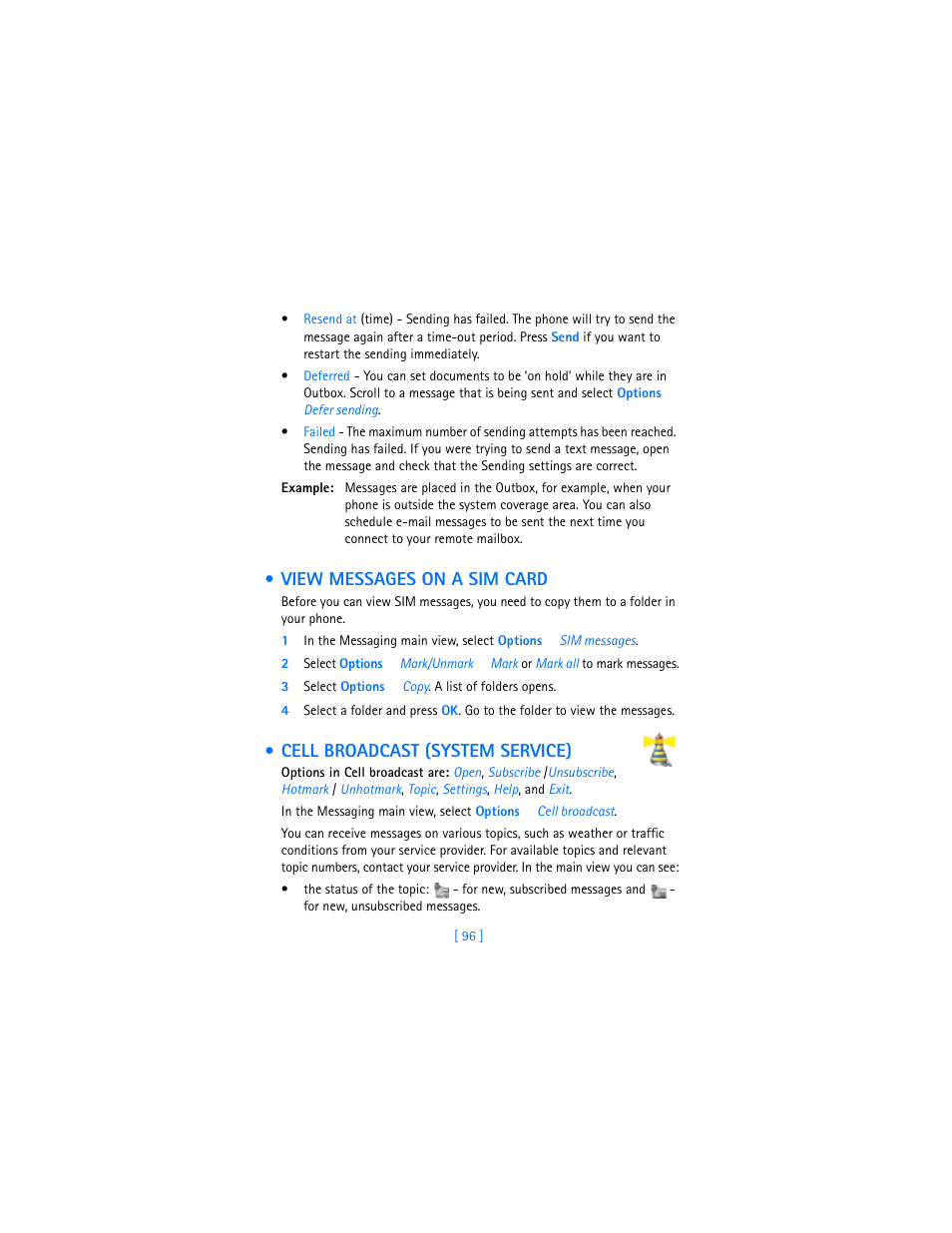 View messages on a sim card, Cell broadcast (system service) | Nokia 3600 User Manual | Page 105 / 217