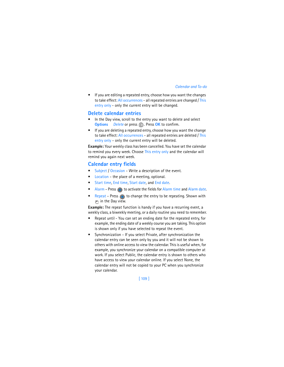Delete calendar entries, Calendar entry fields | Nokia 3600 User Manual | Page 118 / 217