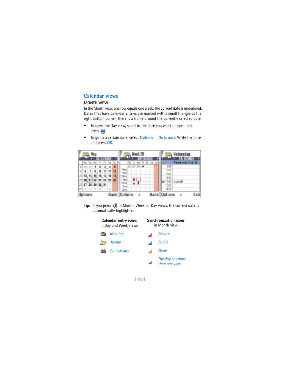Calendar views | Nokia 3600 User Manual | Page 119 / 217