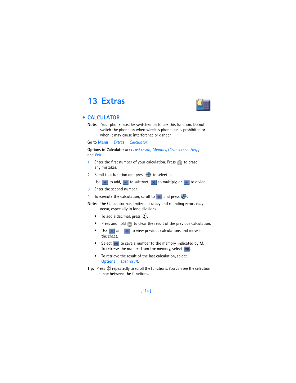 13 extras, Calculator | Nokia 3600 User Manual | Page 123 / 217
