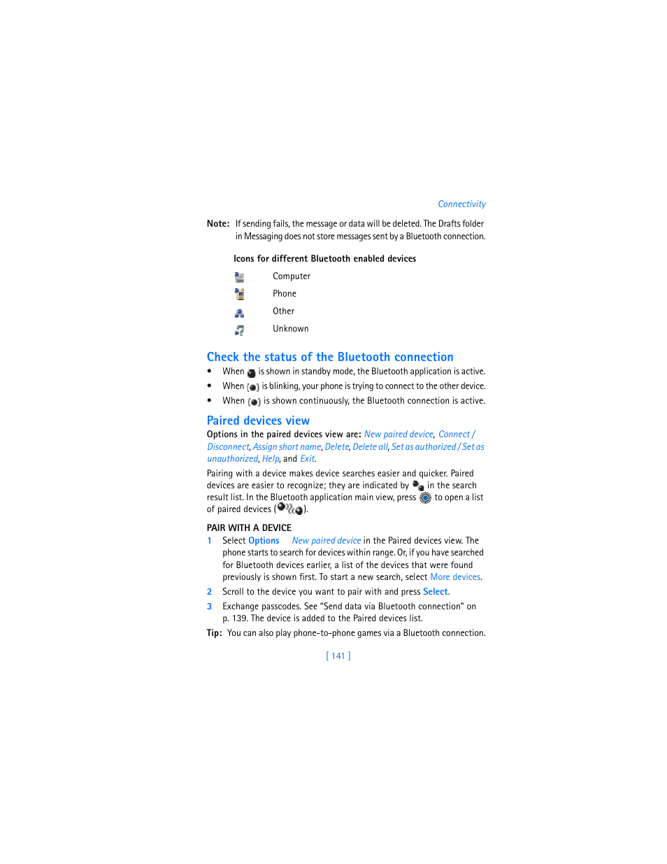 Check the status of the bluetooth connection, Paired devices view | Nokia 3600 User Manual | Page 150 / 217