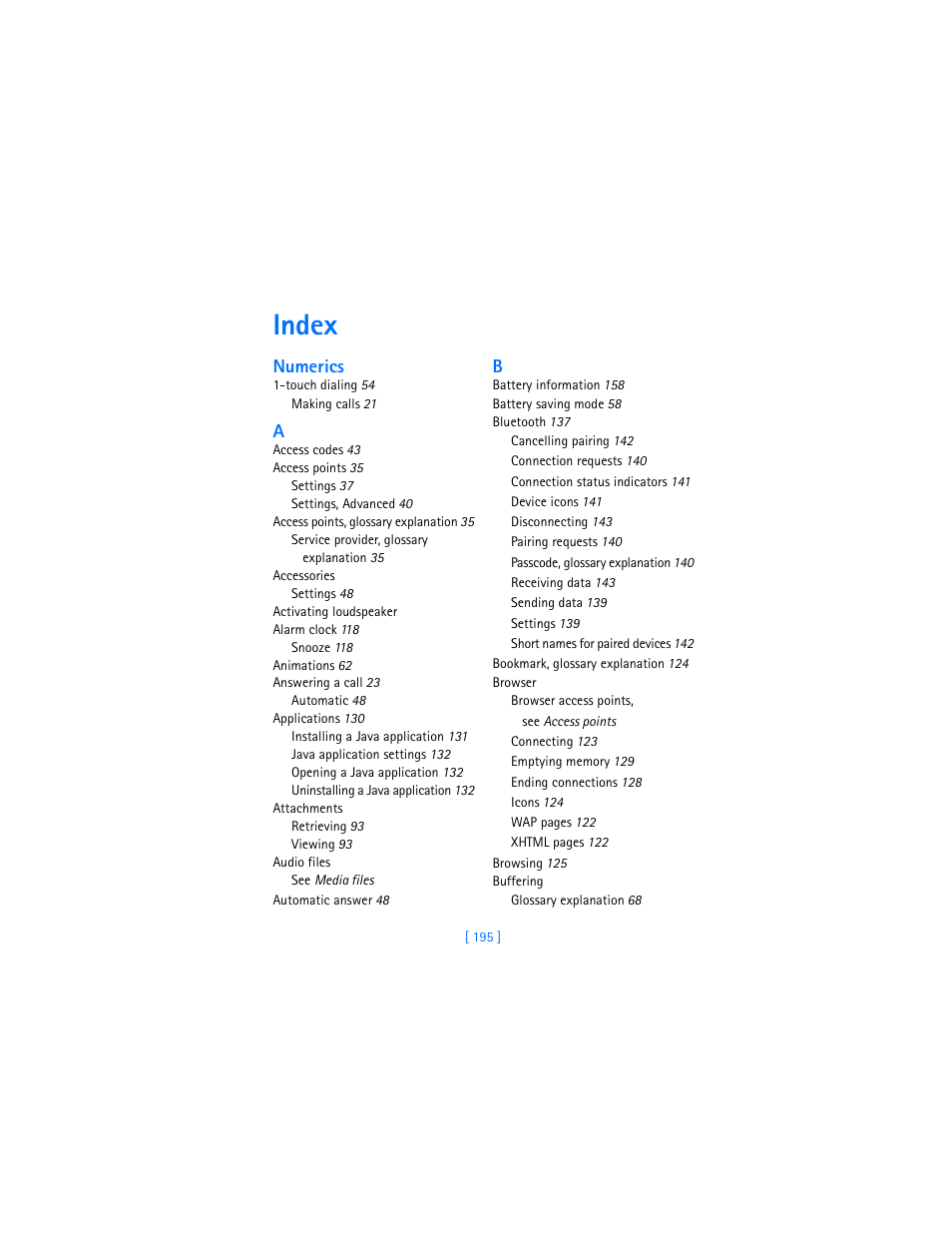 Index, Numerics | Nokia 3600 User Manual | Page 204 / 217