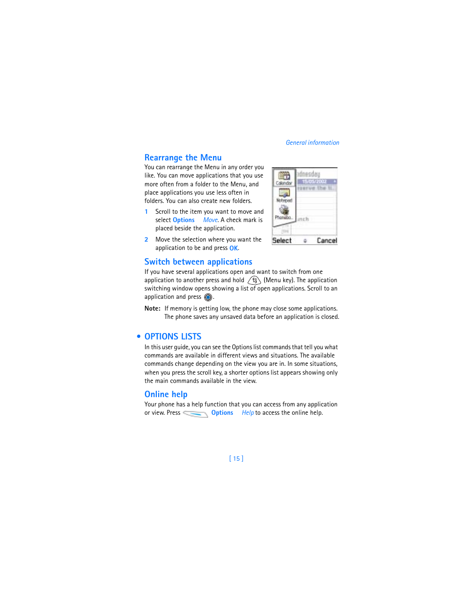 Options lists, Rearrange the menu, Switch between applications | Online help | Nokia 3600 User Manual | Page 24 / 217