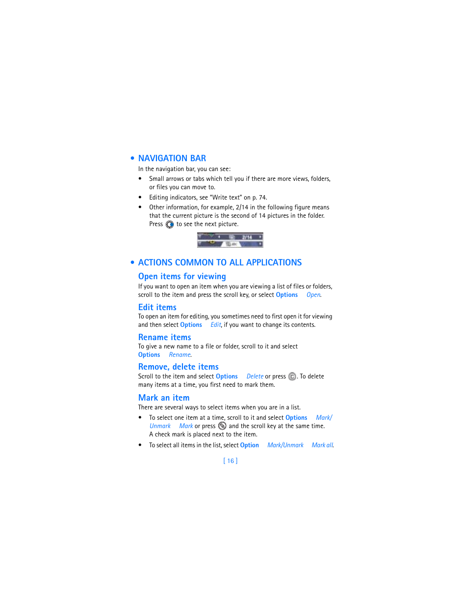 Navigation bar, Actions common to all applications, E “navigation bar” on p. 16 | Edit items, Rename items, Remove, delete items, Mark an item | Nokia 3600 User Manual | Page 25 / 217