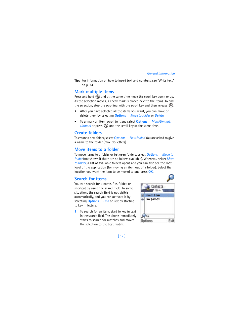 Mark multiple items, Create folders, Move items to a folder | Search for items | Nokia 3600 User Manual | Page 26 / 217