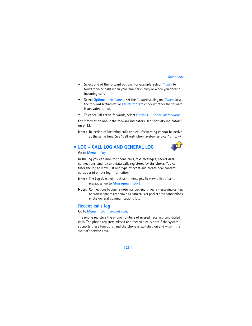 Log - call log and general log, Recent calls log | Nokia 3600 User Manual | Page 34 / 217
