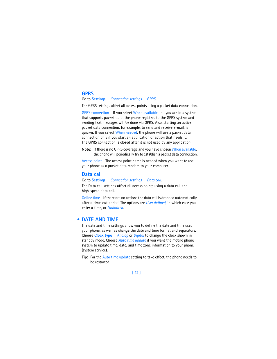Date and time, Date and, Time” on p. 42 a | Gprs, Data call | Nokia 3600 User Manual | Page 51 / 217
