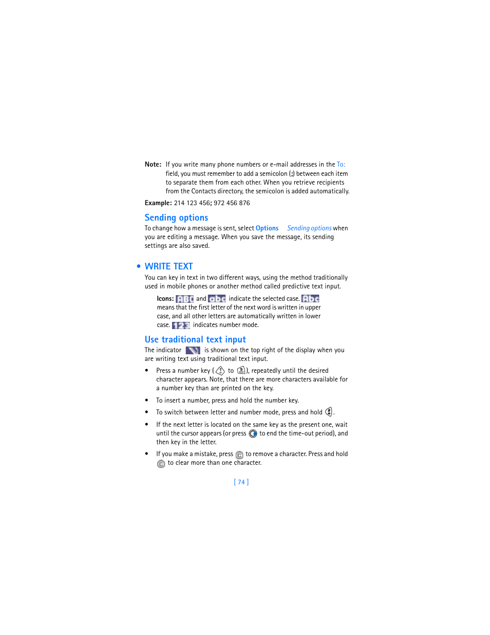 Write text, Sending options, Use traditional text input | Nokia 3600 User Manual | Page 83 / 217