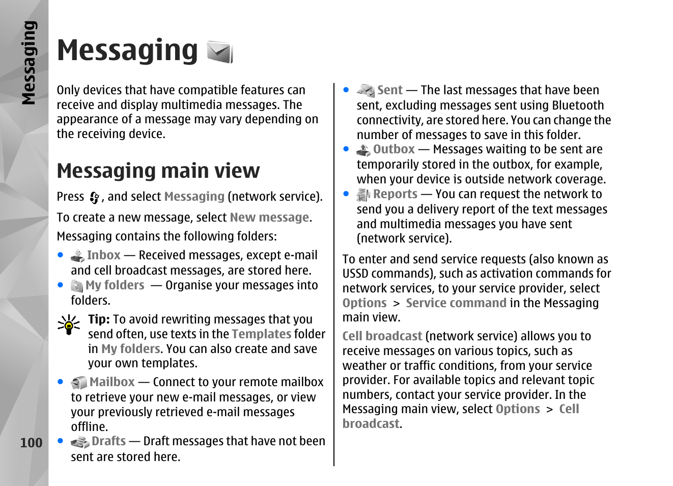 Messaging, Messaging main view | Nokia N82 User Manual | Page 100 / 171