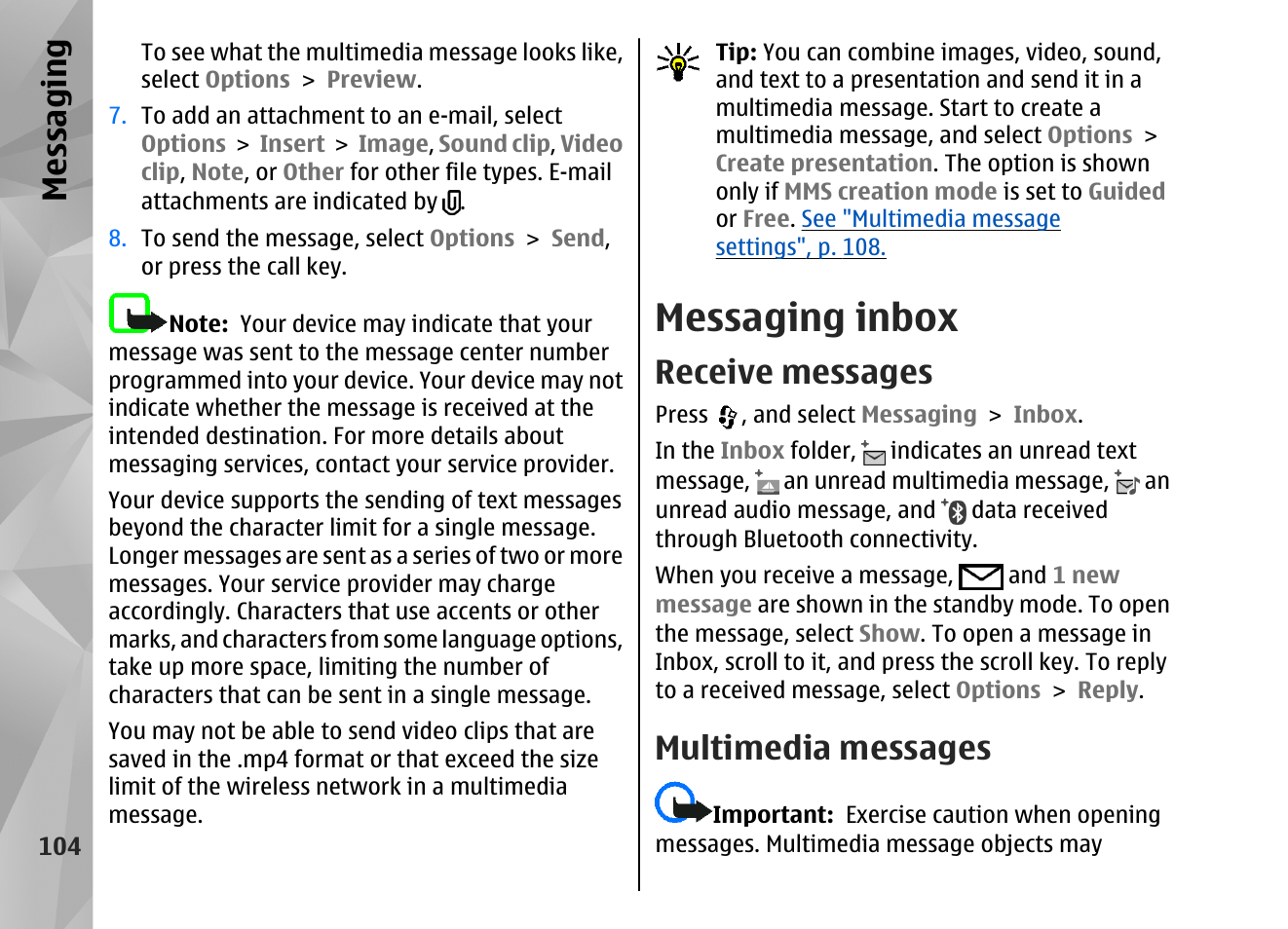 Messaging inbox, Receive messages, Multimedia messages | Messaging | Nokia N82 User Manual | Page 104 / 171