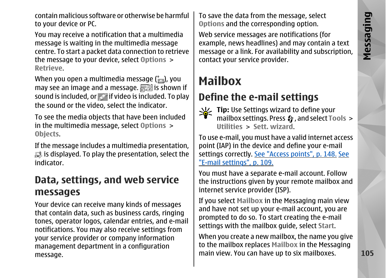 Data, settings, and web service messages, Mailbox, Define the e-mail settings | Messaging | Nokia N82 User Manual | Page 105 / 171