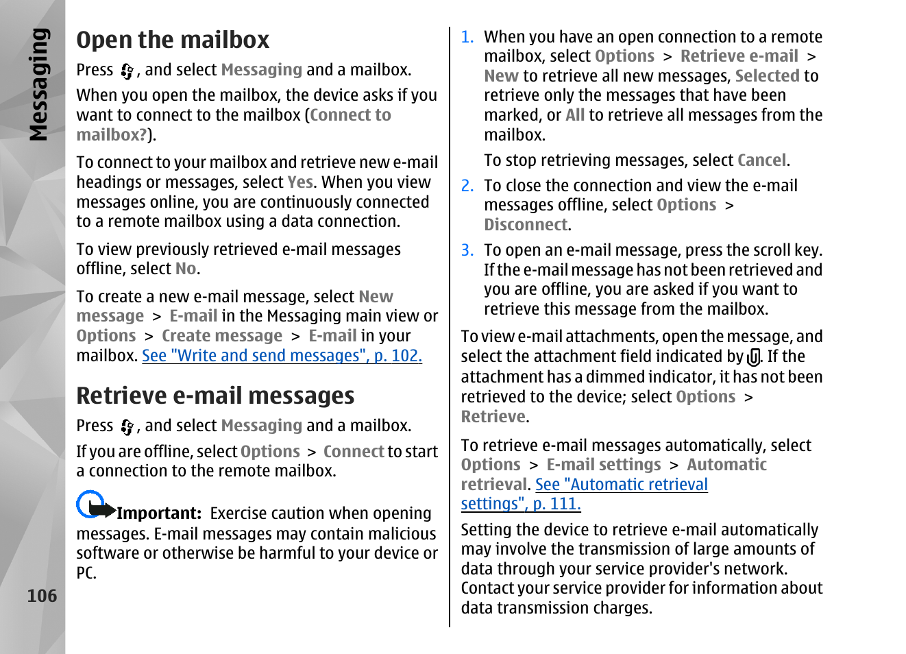 Open the mailbox, Retrieve e-mail messages, Messaging | Nokia N82 User Manual | Page 106 / 171