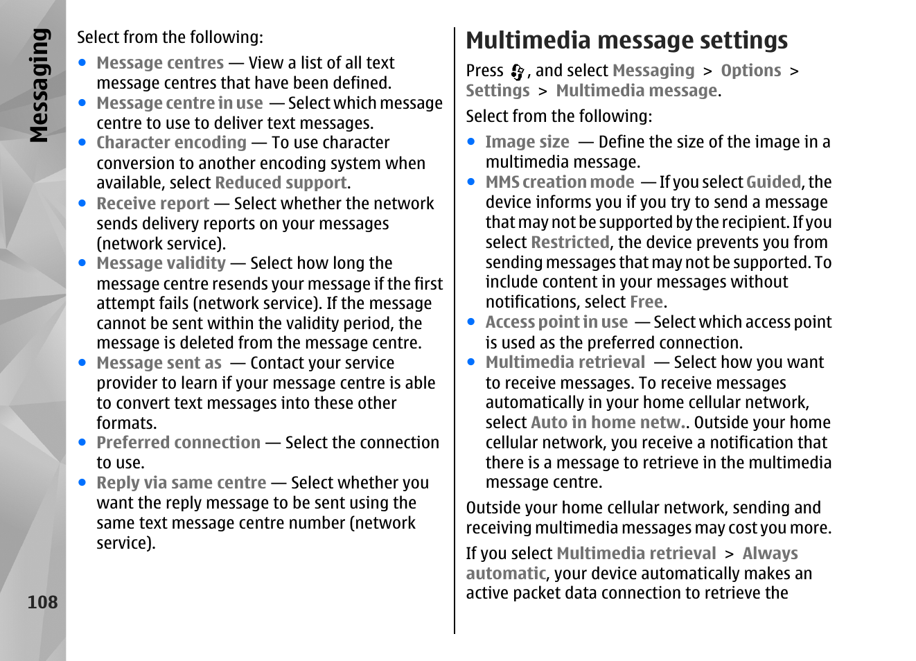 Multimedia message settings, Messaging | Nokia N82 User Manual | Page 108 / 171
