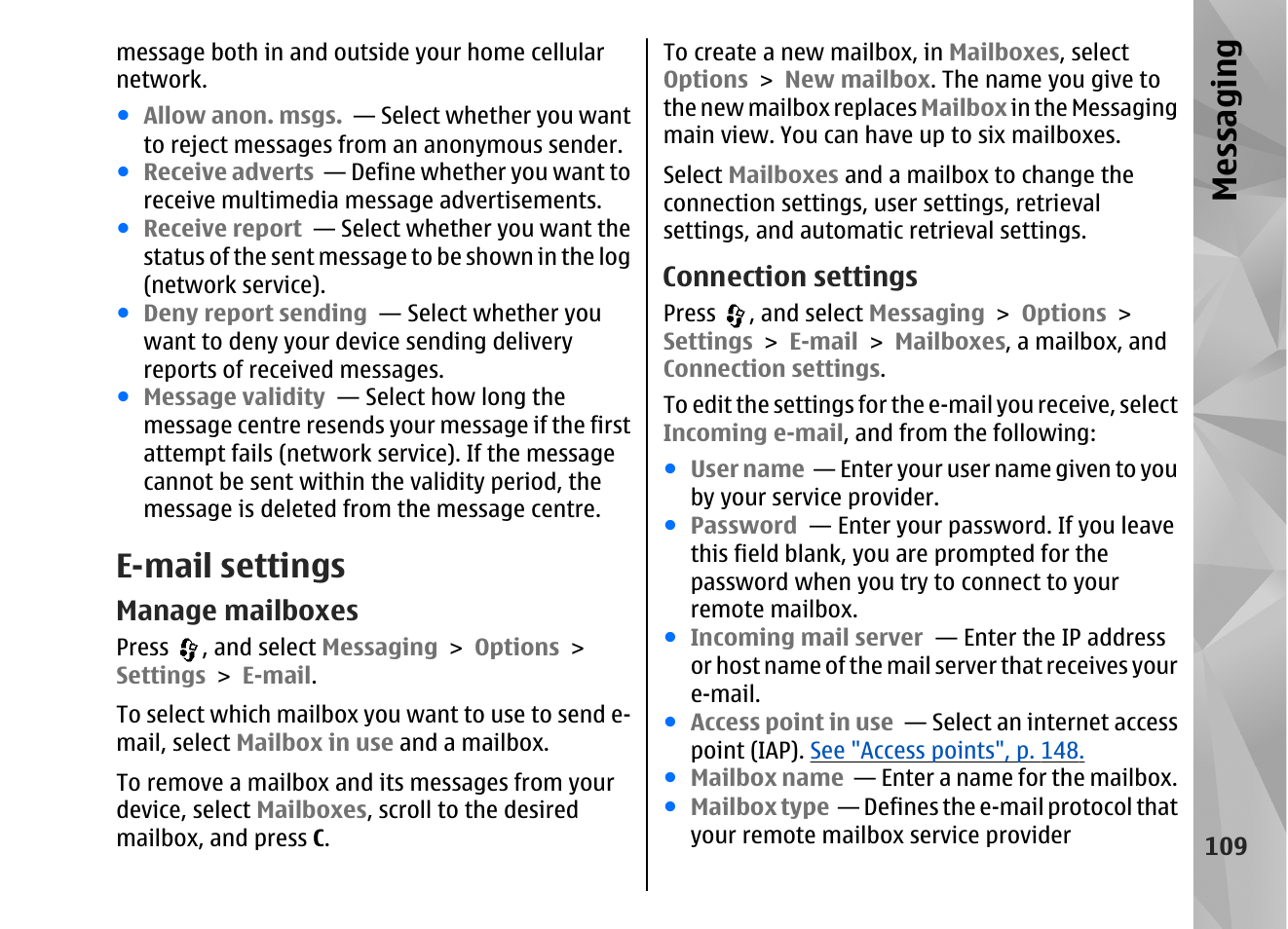 E-mail settings, Manage mailboxes, Connection settings | Messaging | Nokia N82 User Manual | Page 109 / 171