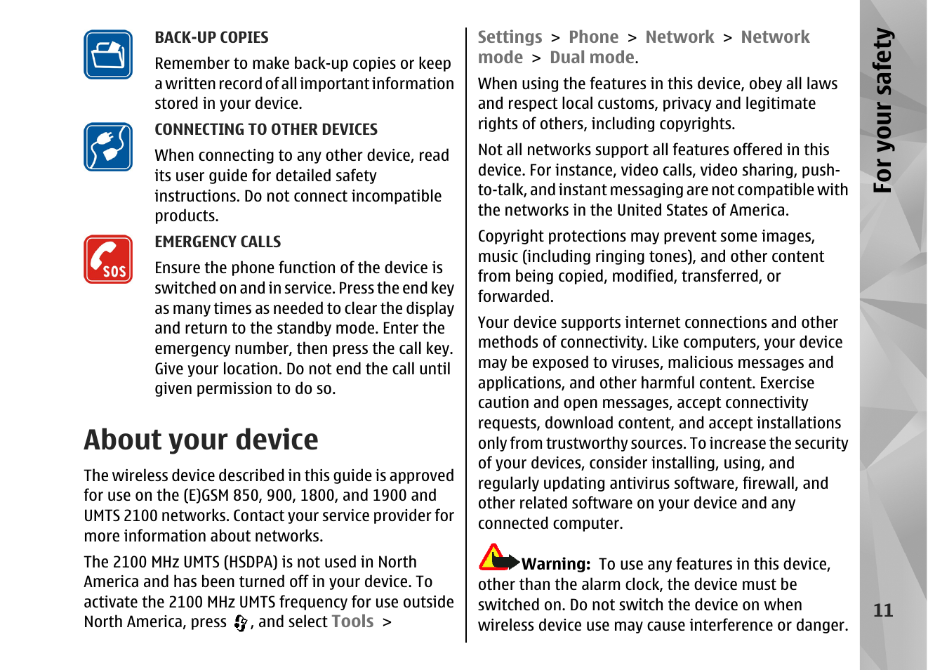 About your device, For yo ur sa fety | Nokia N82 User Manual | Page 11 / 171