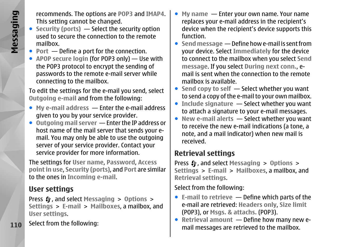 User settings, Retrieval settings, Messaging | Nokia N82 User Manual | Page 110 / 171