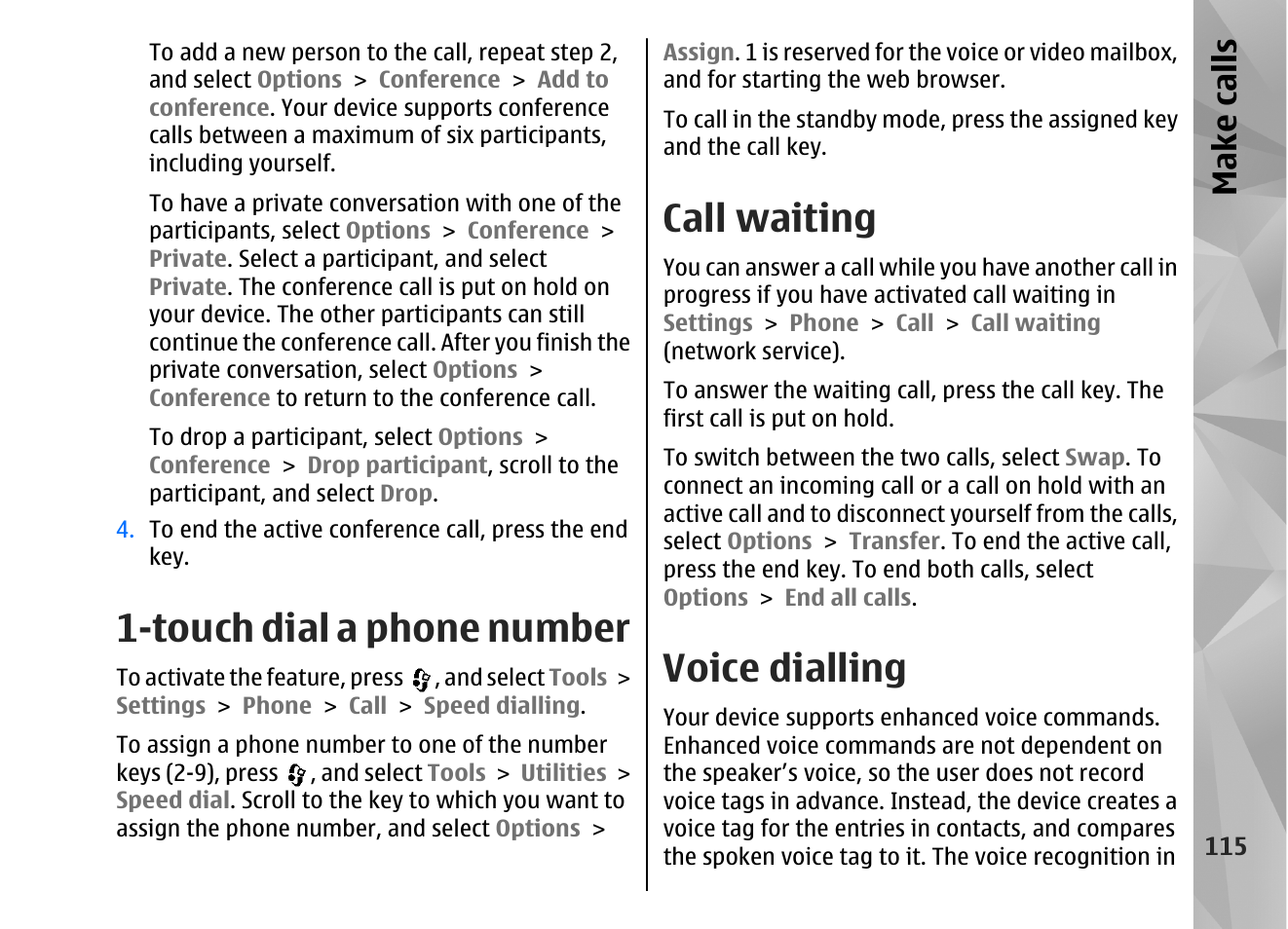 Touch dial a phone number, Call waiting, Voice dialling | Make call s | Nokia N82 User Manual | Page 115 / 171