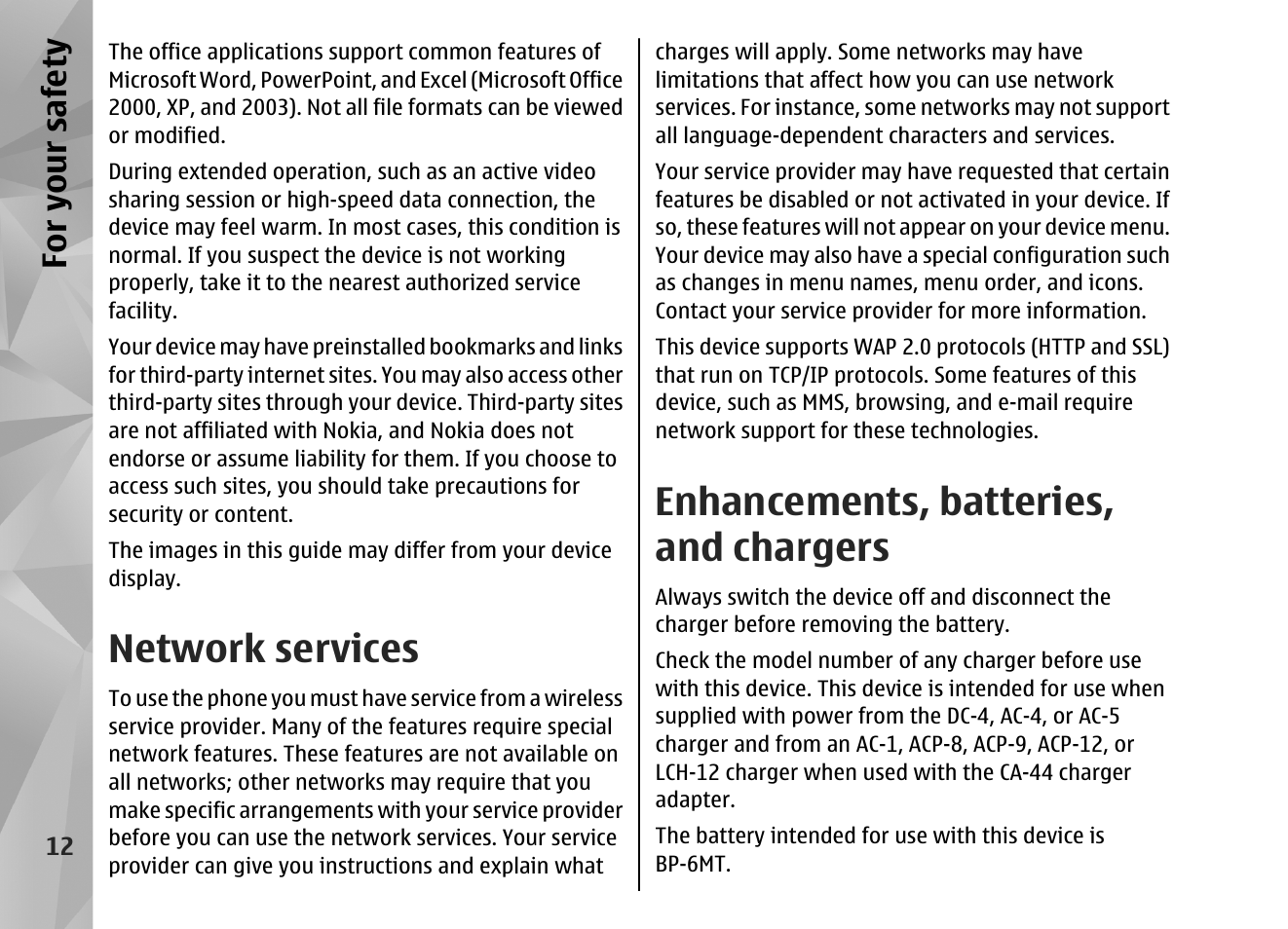 Network services, Enhancements, batteries, and chargers, For yo ur sa fety | Nokia N82 User Manual | Page 12 / 171