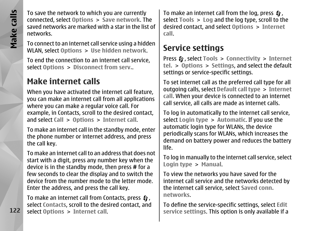 Make internet calls, Service settings, Make call s | Nokia N82 User Manual | Page 122 / 171