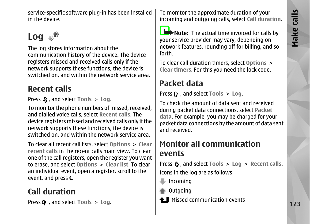 Recent calls, Call duration, Packet data | Monitor all communication events, Make call s | Nokia N82 User Manual | Page 123 / 171