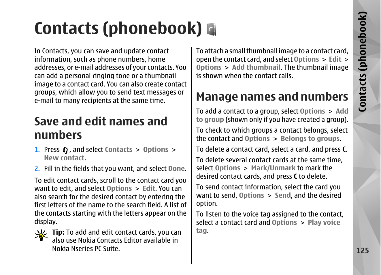 Contacts (phonebook), Save and edit names and numbers, Manage names and numbers | Contacts (phone boo k) | Nokia N82 User Manual | Page 125 / 171