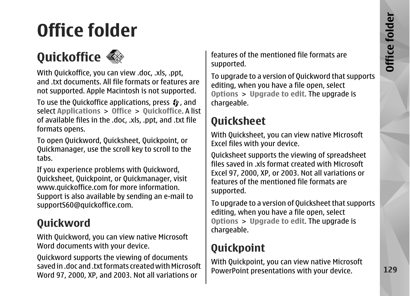 Office folder, Quickoffice, Quickword | Quicksheet, Quickpoint | Nokia N82 User Manual | Page 129 / 171