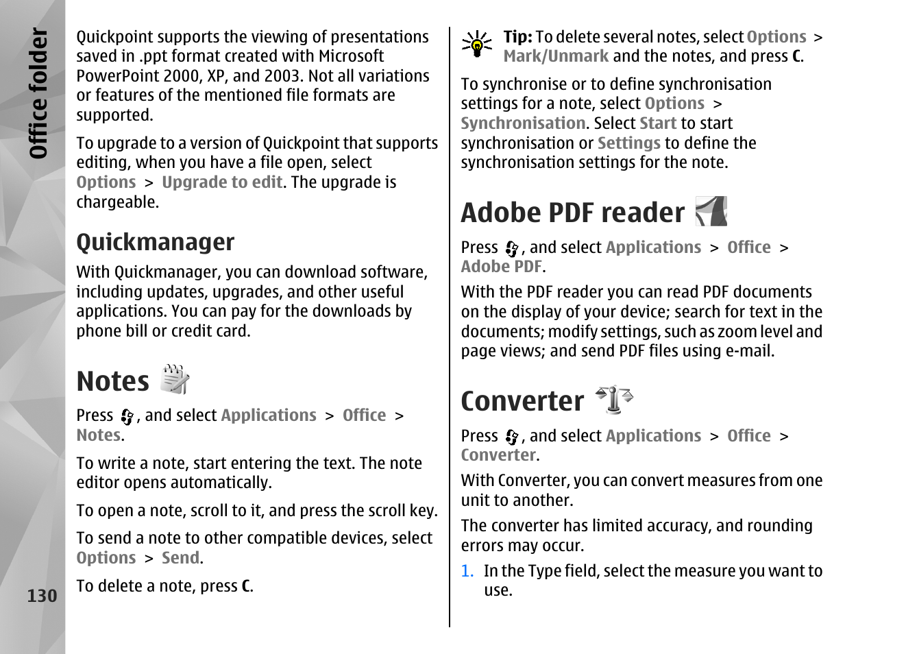 Quickmanager, Notes, Adobe pdf reader | Converter, Office folder | Nokia N82 User Manual | Page 130 / 171