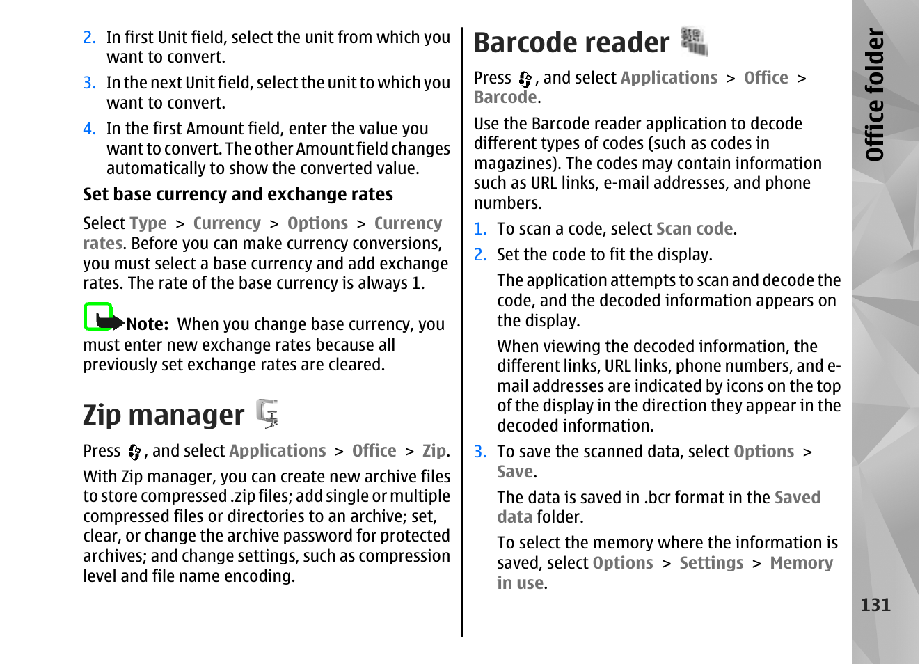 Zip manager, Barcode reader, Office folder | Nokia N82 User Manual | Page 131 / 171