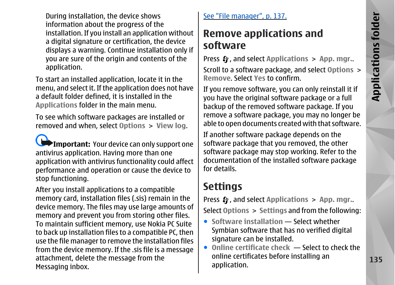 Remove applications and software, Settings, Appl icati ons fol der | Nokia N82 User Manual | Page 135 / 171