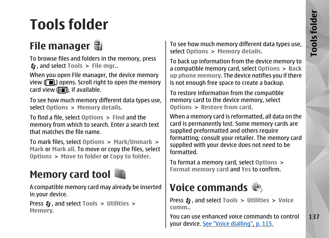 Tools folder, File manager, Memory card tool | Voice commands | Nokia N82 User Manual | Page 137 / 171